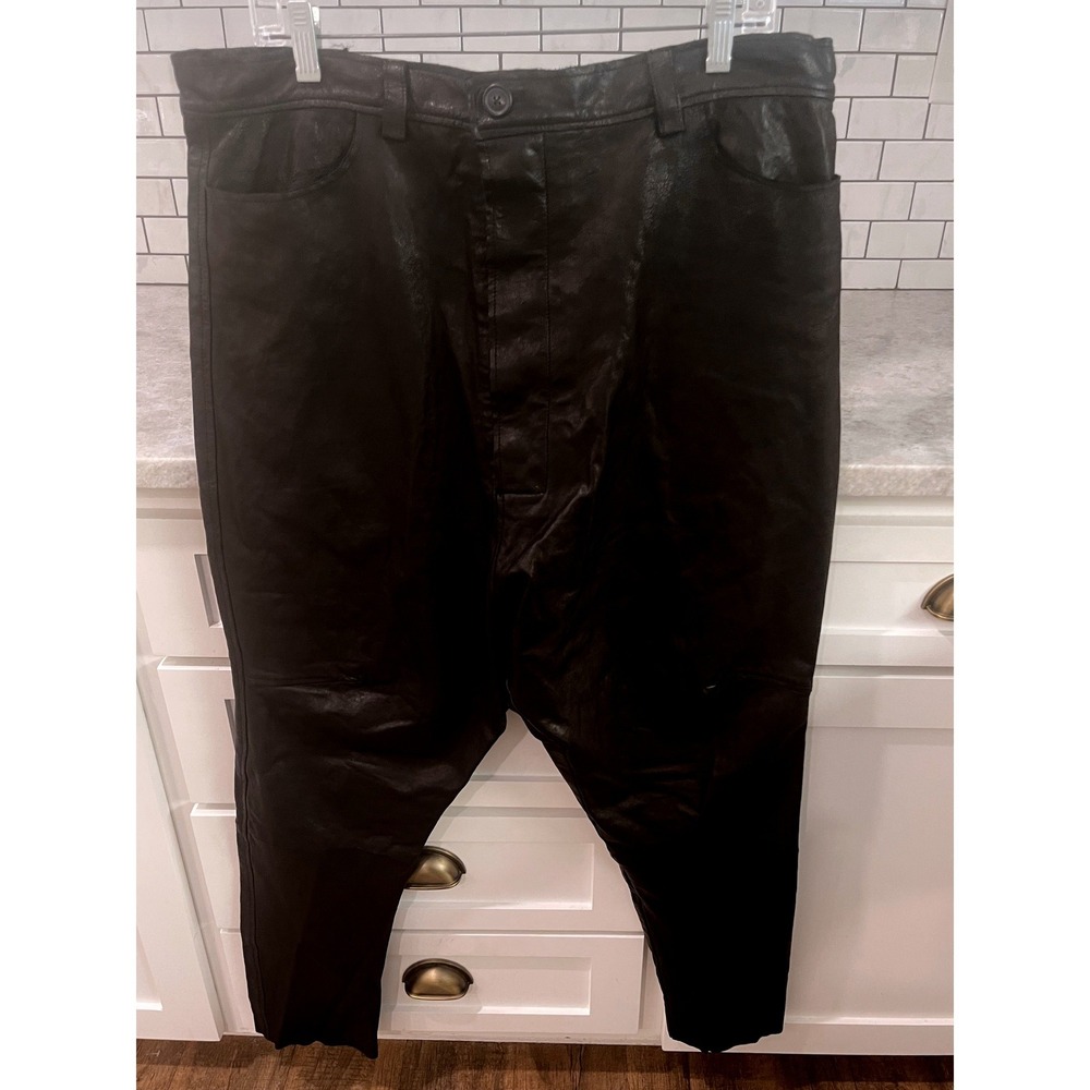 Rundholz Leather Pants Women L Black Lamb Nappa Drop Crotch Button Fly Trousers